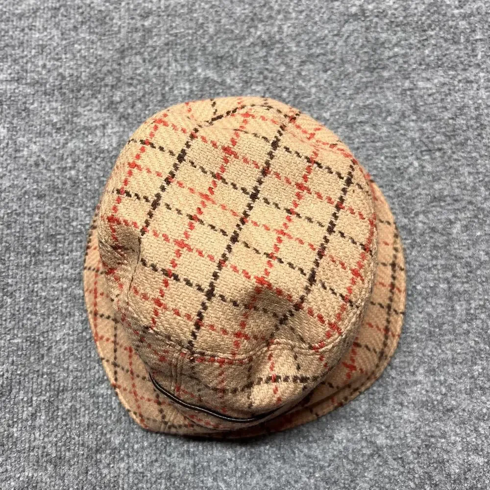 Coach Hat Bucket Womens S Beige Wool Plaid Tweed Lined Leather Trim Winter